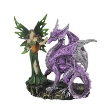 Metallic Green Forest Fairy with Pet Purple Dragon Statue 8.75 Inches - £38.99 GBP