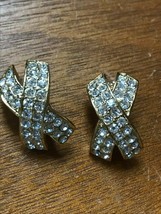 Estate Large Clear Rhinestone Encrusted Goldtone X Clip Earrings - 1 and 1/8th’s - £9.63 GBP