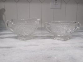 Indiana Glass Co. SANDWICH Crystal Footed Creamer and Sugar Set - £15.82 GBP