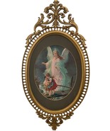 Vintage Childrens Guardian Angel Hanging Gilded Hard Plastic Framed Matt... - £34.27 GBP