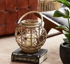 13&quot;H Rustic Farmhouse Brown Woven Rattan Candle Lantern with Jute Rope Handle - £55.07 GBP