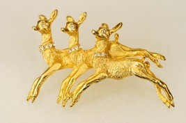 Vintage Costume Jewelry Christmas Gold Tone Rhinestone Reindeer Metal Brooch Pin - £15.56 GBP