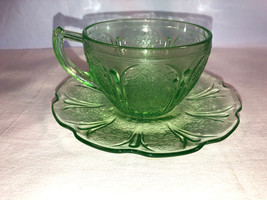 Green Cherry Blossom Cup And Saucer  Depression Glass Mint - £15.78 GBP