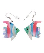 Carved Mosaic Colored Mother of Pearl Tropical Fish Blue Shaped Hook Ear... - $28.07 CAD