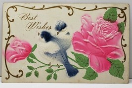 Heavily Embossed Pink Roses, Blue Birds Douglas North Dakota Postcard D17 - £5.46 GBP