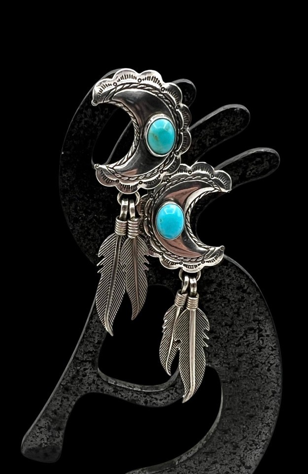 Quoc QT Southwest Sterling Silver Faux Turquoise Moon Feather Dangle Ear... - $49.99