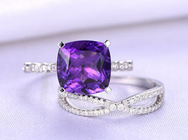 1.25Ct Cushion Cut Amethyst Engagement Bridal Ring Band Set 14k White Gold Over - £69.16 GBP