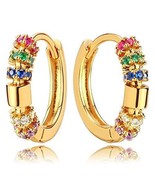 DREMMY STUDIOS Dainty Rainbow CZ Huggie Hoop Earrings for Women 14K Gold... - £35.46 GBP