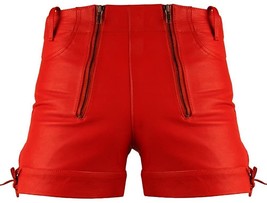 Leather Short Pants Men&#39;s Laces Waist Side Pant Shorts Jean Real Genuine Red 22 - £59.80 GBP+