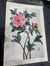 Vintage CHINESE / JAPANESE SILK Painting BIRDS &amp; BLOSSOMING FLOWERS SIGN... - $24.75
