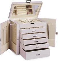Frebeauty Large Jewelry Box,6-Tier Pu Leather Jewelry Organizer, Pearl White - £62.34 GBP