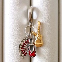 925 Silver and 14k gold plating Spanish Flamenco Guitar, Shoe &amp; Fan Dangle Charm - £14.15 GBP