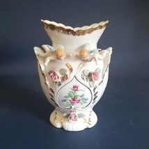 Vintage Porcelain Vase with Hand Painted Embossed Angels, Flowers &amp; Gold Accents - £75.19 GBP