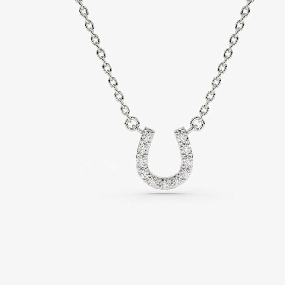 Primary image for 0.10CT Real Moissanite 14K White Gold Plated Mini Lucky HorseShoe Charm Necklace