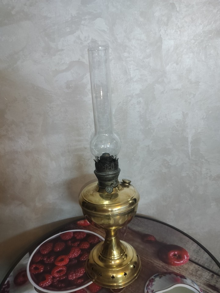 Vintage Brass Oil Lamp with Glass Chimney Antique Home Decor - $247.50