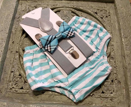 1st Birthday boy cake smash outfit bow tie suspenders 6m-24 mo gray mint - £11.13 GBP