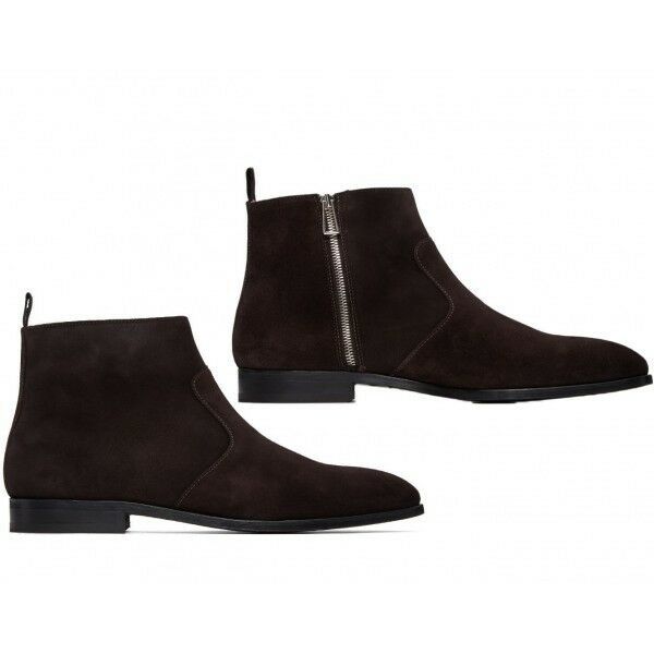 Men's Chukka Dark Brown Suede Leather Side Zipper Black Sole Ankle Boots US 7-16