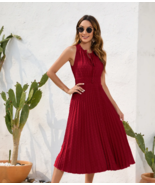 Elegant  Women Summer Casual Slim Sleeveless Pleated A-line Midi Dress - £27.61 GBP