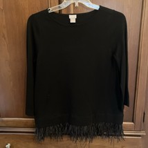 Chicos Sz 1 M Black Knit Sweater Top Feather Hem Trim Bell Long Sleeves ... - $17.82