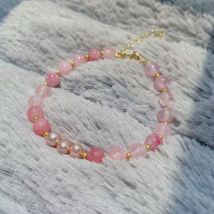 Handmade Natural Round Pink Crystal Beads Bracelet with Pearl - £14.94 GBP