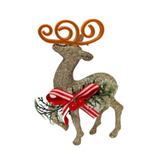 Vintage Plastic Gold Glitter Reindeer Christmas Tree Ornament Bow 6.5 x 4.5 inch - £8.53 GBP