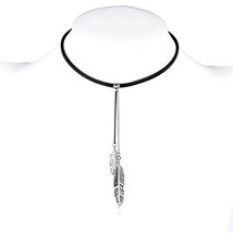 Jet Black Faux Leather Choker Necklace &amp; Silver Tone Feather Design - $26.99