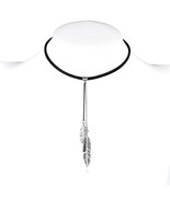 Jet Black Faux Leather Choker Necklace &amp; Silver Tone Feather Design - $36.89 CAD