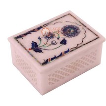 4&quot;x3&quot;x2&quot; White Modern Jewelry Lidded Box Lapis Inlaid Floral Art Halloween Gifts - £274.39 GBP