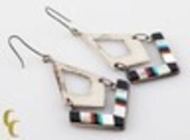 925 Sterling Silver Coral/Turquoise/Mother Of Pearl &amp; Onyx Earrings - $118.05