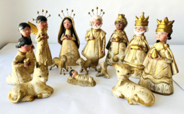 Mexican Christmas Nativity 14 Large Figurines Hand Painted Gold Ivory Cl... - £151.40 GBP