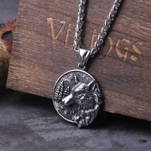 Stainless Steel Wolf Head And Tree Norse Viking Pendant Necklace Vintage Jewelry - £14.08 GBP