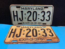 Old Vtg Exp 3-31-61 Maryland State Automotive License Plate Set HJ:20:33 - £39.58 GBP
