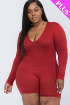 Plus Size Winery Red V neck Long Sleeve one piece Bodycon Romper - £9.59 GBP