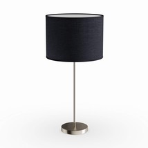 Silver Metal Table Lamp 23&quot; Black Painted Desk Lamp with Drum Fabric Shade - £49.41 GBP