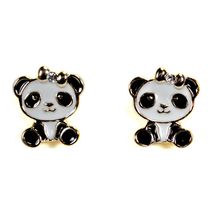 PANDA BEAR EARRINGS Post Pair Enamel Jewelry Gift Rhinestone Black White... - $3.95