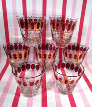 WoW Mid Century Modern CULVER 22KT Gold Cranberry Scroll 7pc Whiskey Glass Set - £77.11 GBP
