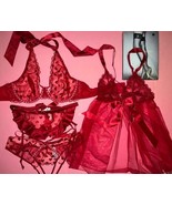 Victoria&#39;s Secret high-neck XL 38D BRA SET+garter+BABYDOLL RED HEART emb... - £133.36 GBP