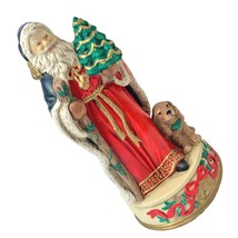 Ceramic Musical St Nick 10&quot; Figurine Santa Claus Dog White Christmas Blue Red - £19.46 GBP