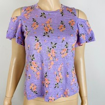 Rebecca Taylor Colorful Summery Purple Floral Women&#39;s XS Linen Cold Shoulder Top - £48.91 GBP