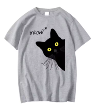 Men&#39;s T-shirt 100% Cotton Summer Meow Black Cat Print Casual Loose Gray ... - $480.50 MXN