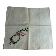 Vintage Christmas Embroidered Hanky  Handkerchief Handmade Holly Wreath Bow READ - £14.70 GBP