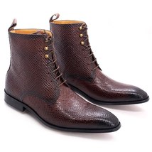 Mens Ankle Boots Real Cow Leather Pattern Street Style High Top Mid-Calf Lace Up - £129.53 GBP