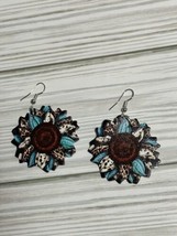 Adorable Turquoise Color With Animal Print Sunflower Dangle Earrings - £6.14 GBP