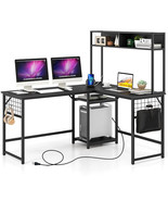 L-shaped Desk with Power Outlet Hutch-Black - Color: Black - $4,289.52 MXN