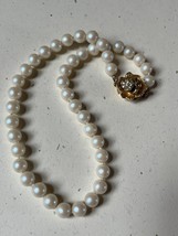 Vintage Hand Knotted Faux White Pearl Bead Necklace w Goldtone Rose Flower &amp;  - £8.92 GBP