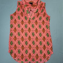 rue21 Women Shirt Size M Pink Rosy Coral Preppy Print Sheer Sleeveless V-Neck - £9.14 GBP