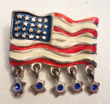 AJMC American FLAG Pin USA Patriotic Blue Dangle Rhinestone Stars Vintage Brooch - $9.84