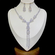 Luxury Silver 2pcs Cubic Zirconia Long Pendant Necklace Dubai Bridal Wedding Jew - £73.65 GBP