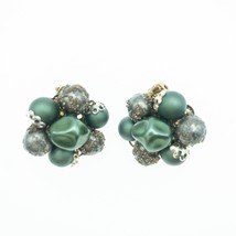 Vintage Japan Round Cluster Clip On Earrings Goldtone Green Beads Glitter 1&quot; - £3.98 GBP