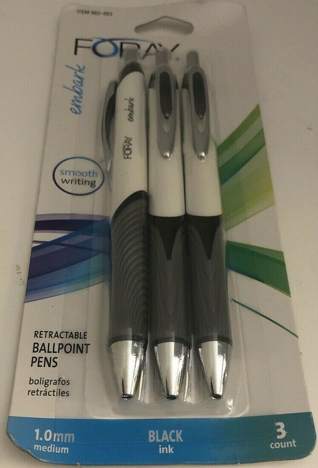 NEW FORAY Ballpoint Pens, 1.0 mm, Gray/White Barrel/Black Ink 3Pk SHIPS ... - $11.76